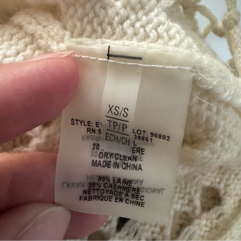 Elie Tahari Pandora Wool Cashmere Open Knit Sweater Poncho Fringe. Cream. XS - Picture 4 of 11